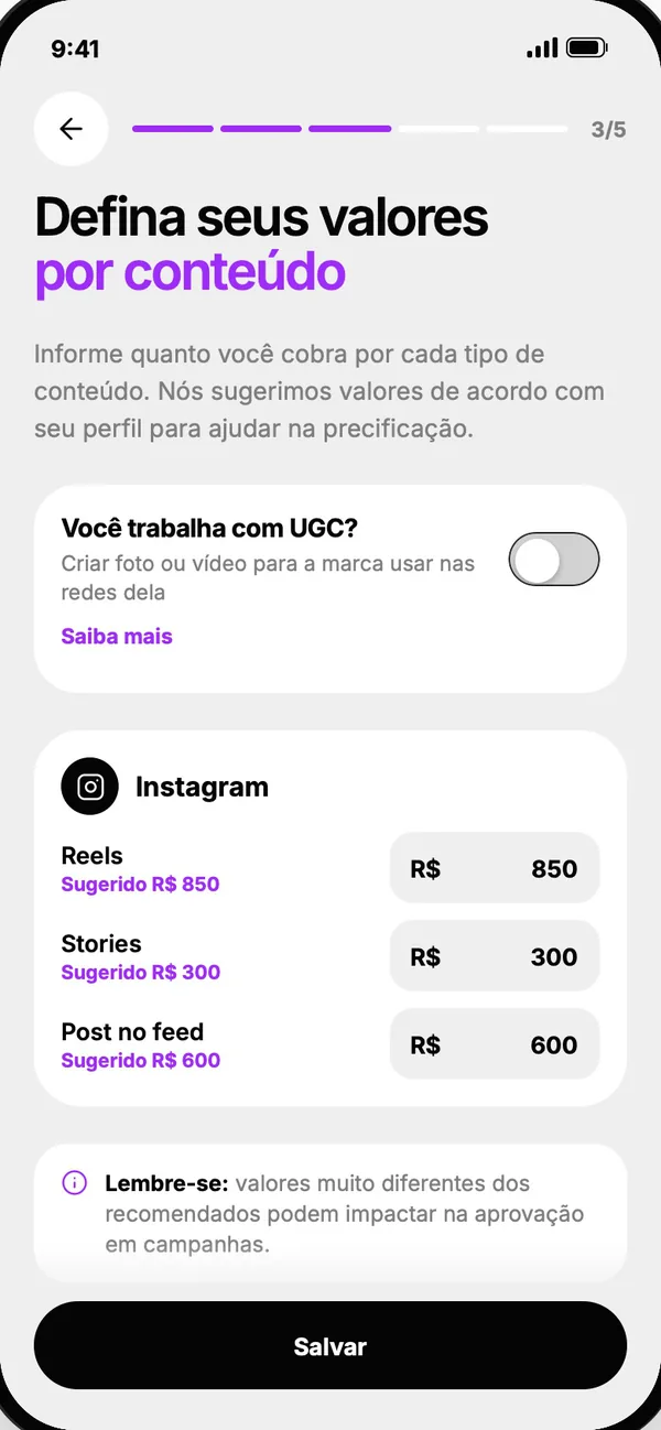 Tela do app: Defina seus valores