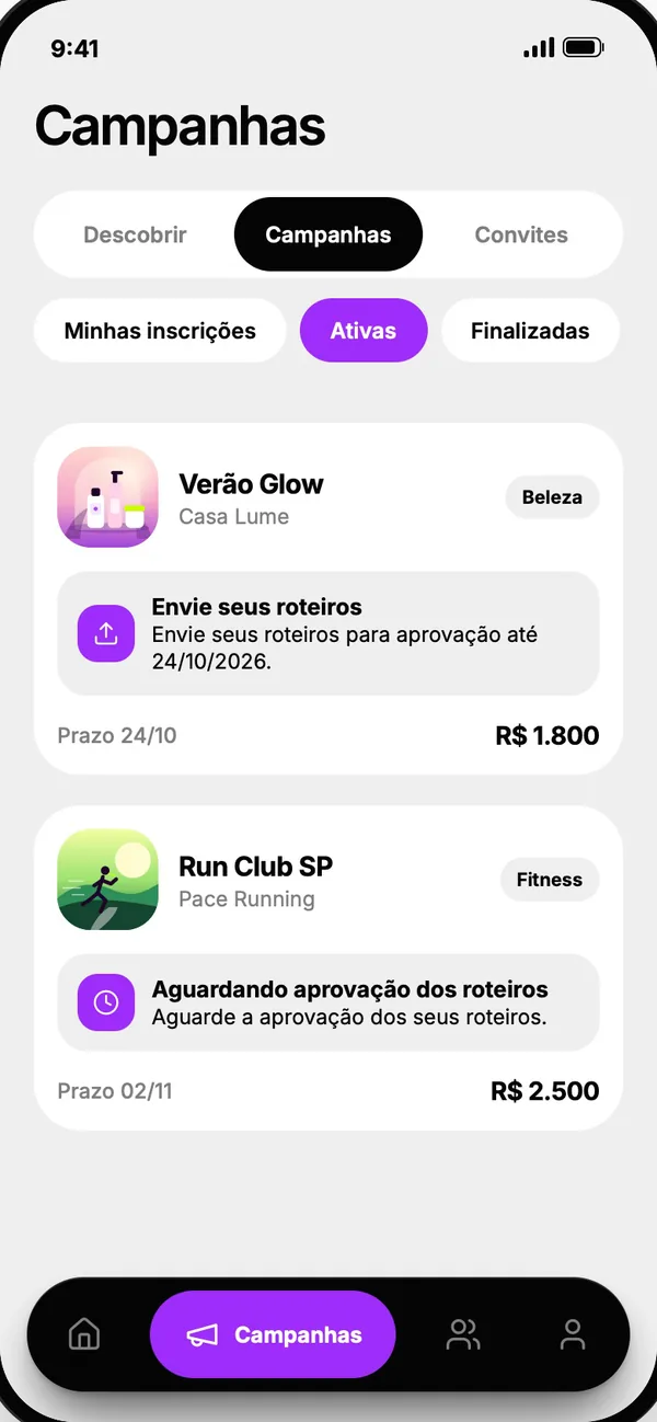 Tela do app: Minhas campanhas