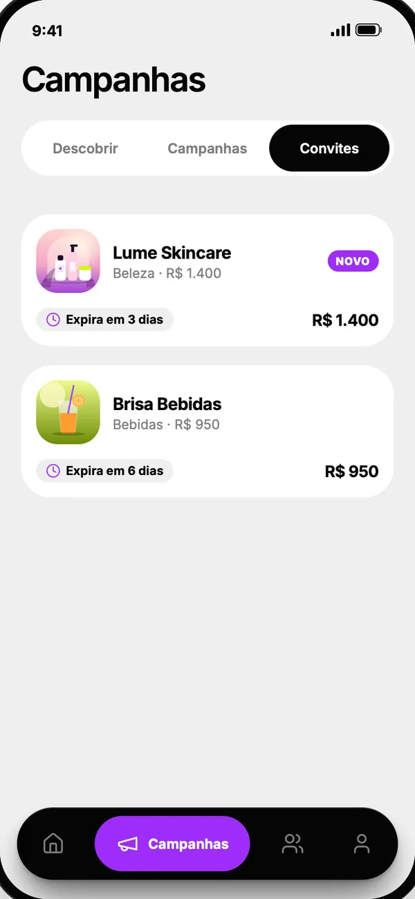 Tela do app: Convites