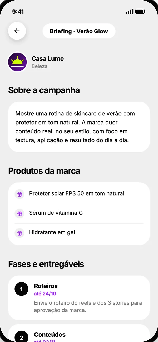 Tela do app: Briefing