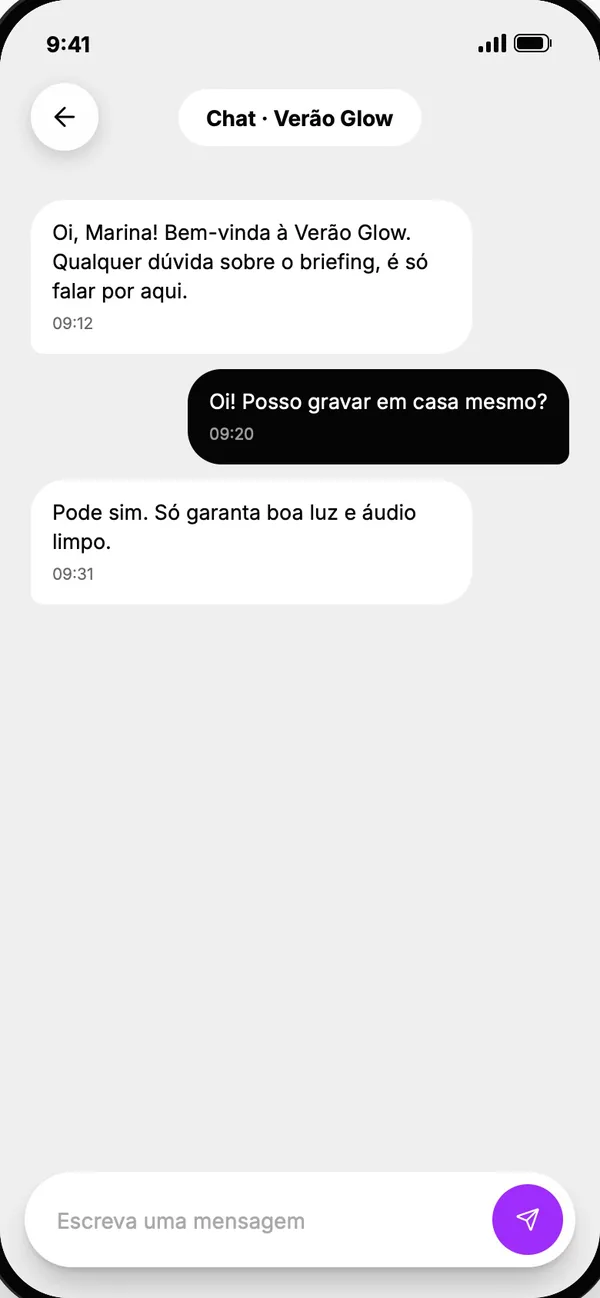 Tela do app: Chat com a marca