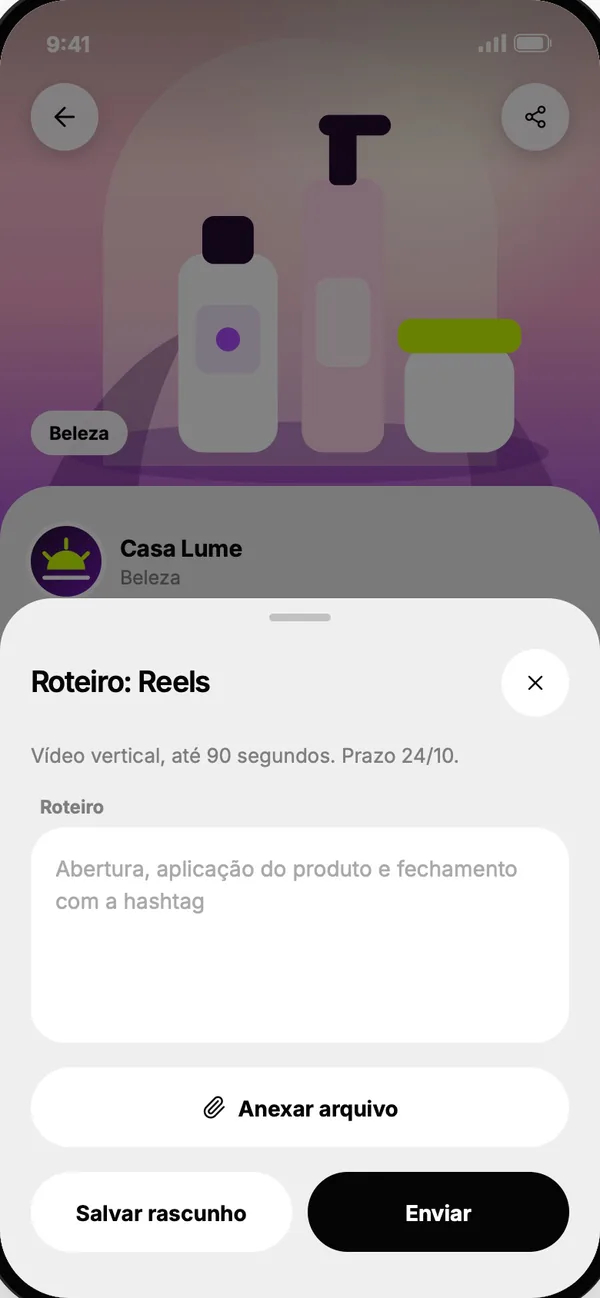 Tela do app: Envio do roteiro