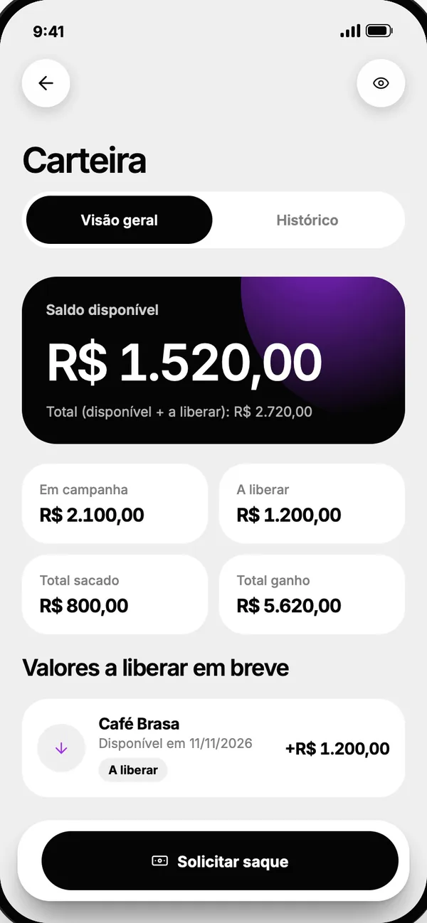 Tela do app: Carteira