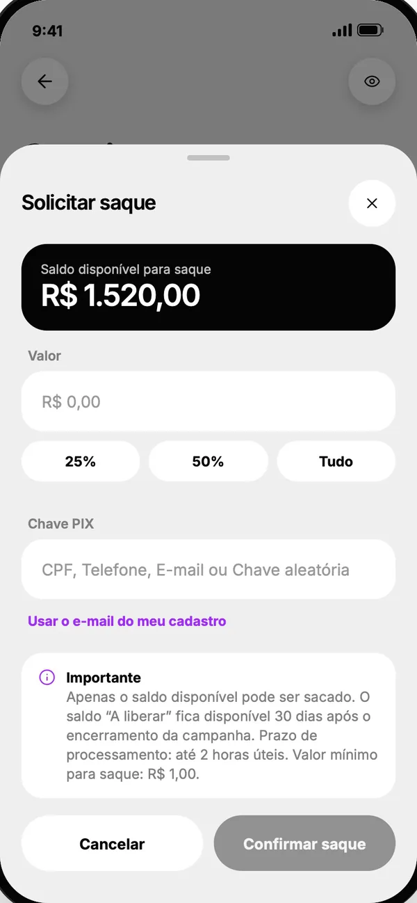 Tela do app: Solicitar saque