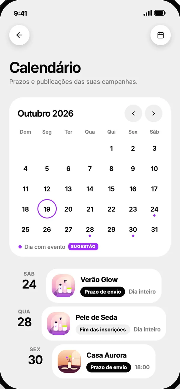 Tela do app: Calendário
