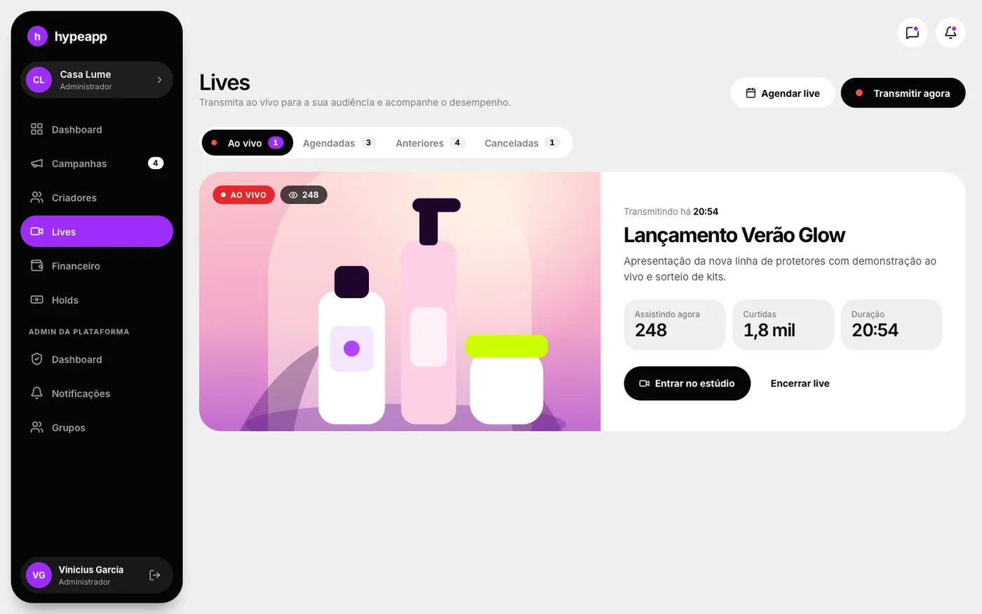 Tela do painel: Lives