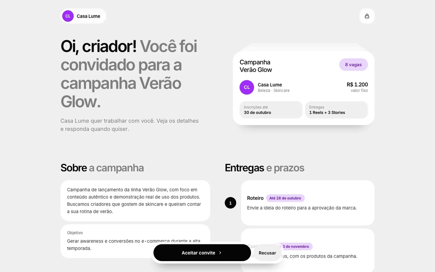 Tela do painel: Convite da campanha